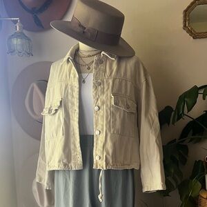 VIGOSS cinch hem drawstring cropped denim‎ jacket beige women’s SIZE XL neutral